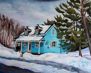 Quebec Turquoise Cabin in Winter, Oil, 16 X 20